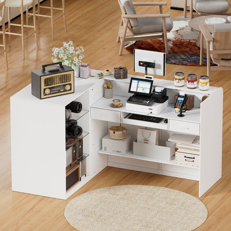 L-shaped Reception Desk With 3 Drawers & Glass Display Cabinet, Retail Counter Front Desk Reception Counter With Cabinet