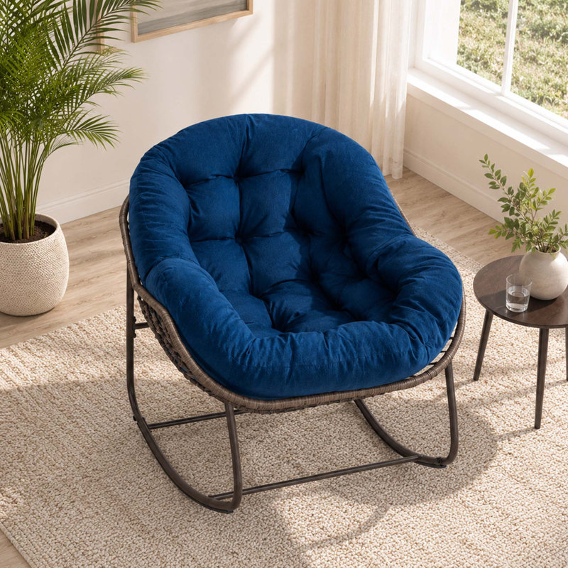 Fauteuil à bascule moderne et moderne en métal enveloppé d'un œuf en rotin, Bleu marine