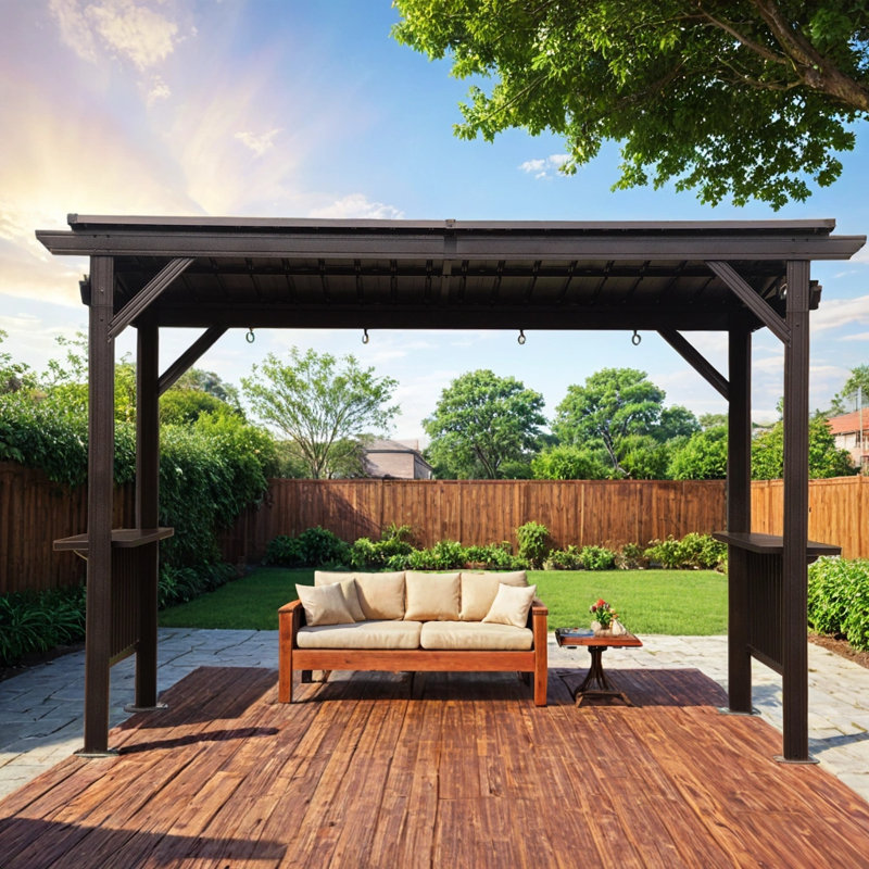 Outdoor BBQ Gazebo 6.5x12FT Hardtop w/ 2 Side Shelves, Steel Roof & Ceiling Hooks for Patio, Backyard, Brown