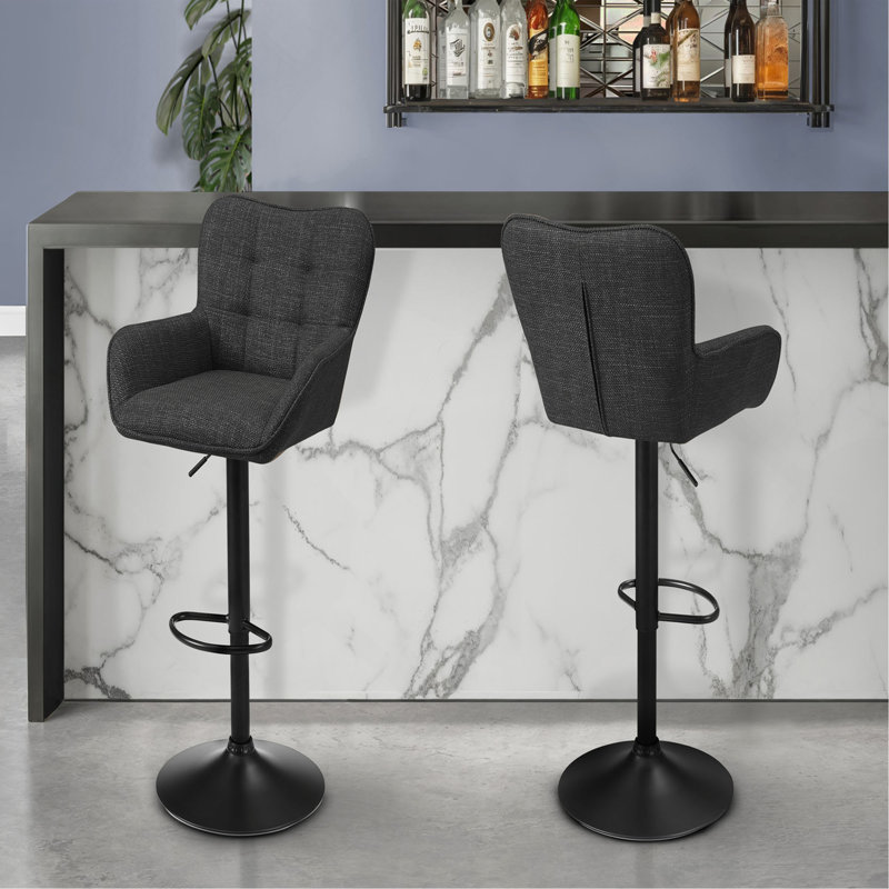 Tabouret de bar, ensemble de 2, réglable, pivotant, hauteur de bar, hauteur de comptoir, cuisine, tissu noir, métal noir, contemporain, moderne