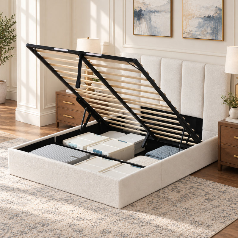 Lit plateforme tapissier hydraulique avec rangement Coletti, Lit double, Boucle blanc