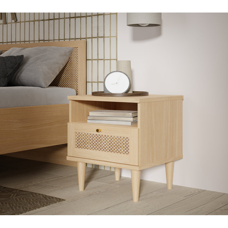 Amarra 1 Drawer Bedside Table, Elegancia Oak/Polyrattan, 45 cm W x 54 cm H x 41 cm D