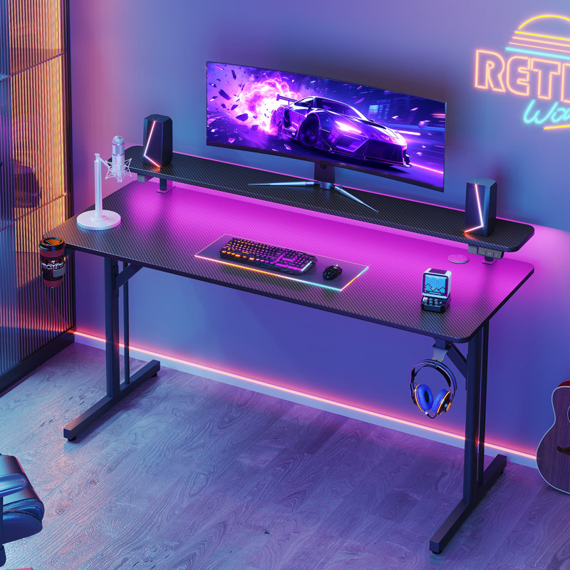 Home Office Desk with Large Monitor Shelf, Gaming Desk, Cup Holder and Iron Hook, 34.69" H x 47.24" W x 19.69" D