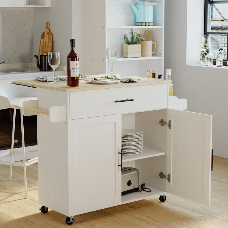 Îlot de cuisine Red Barrel Studio® avec rangement, îlot de cuisine sur roulettes avec abattant, armoire de rangement, tiroir, porte-épices, porte-serviettes, chariot de cuisine pour la cuisine, noir