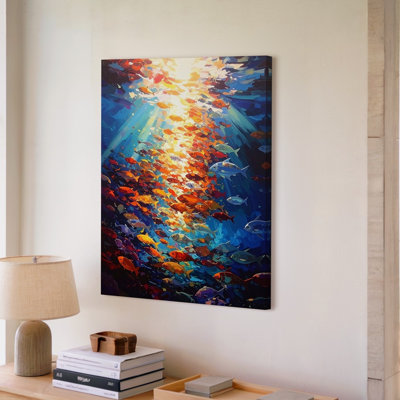 Swirling Fish School Canvasvibrant Underwater Scene With Sunrays Wall Art Canvas Ready To Hang Gallery Wrapped Home Decor Modern Design