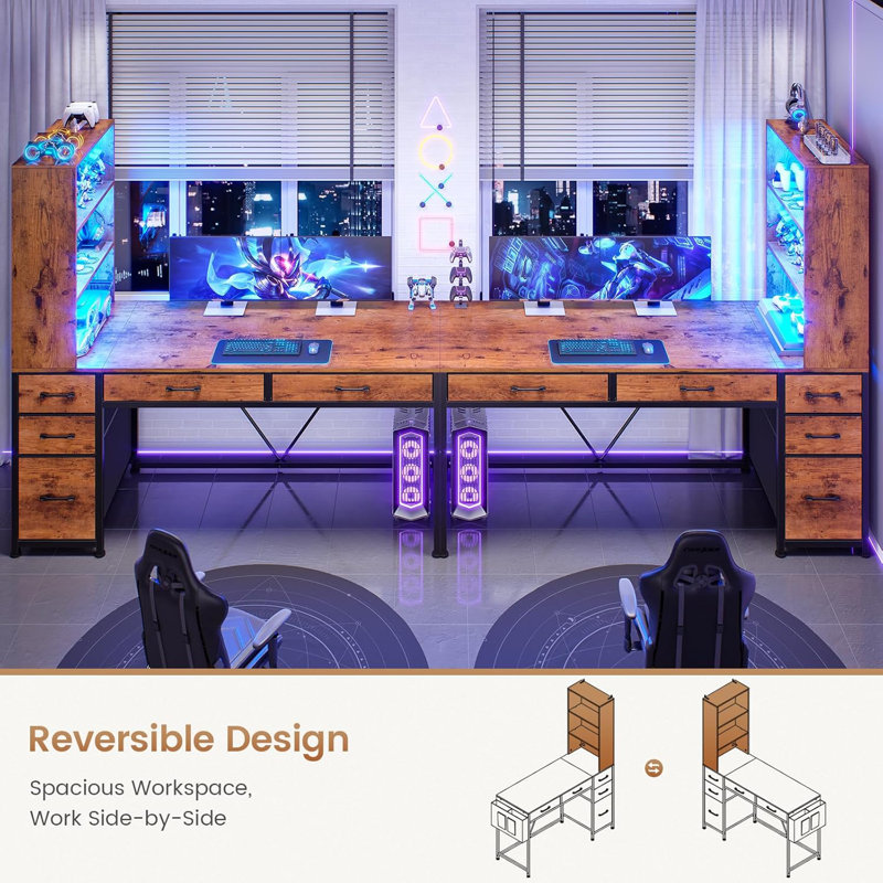 Barbarino Computer Desk With 5 Drawers And Bookshelf Led Lights For Small Spaces, Brown/Black