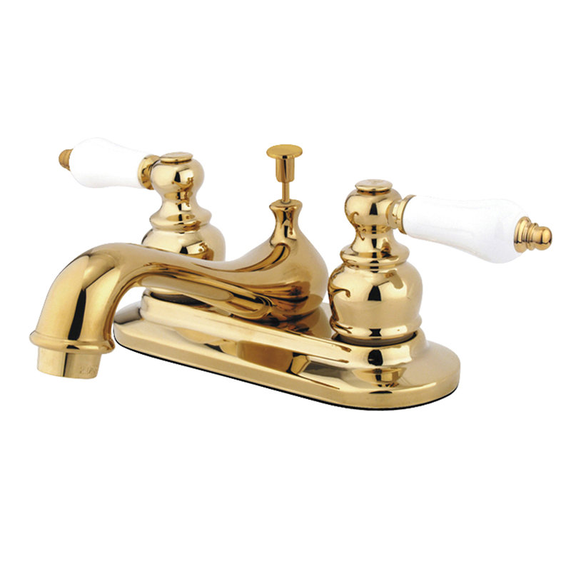 Kingston Brass Restoration Two-Handle 3-Hole Deck Mount 4" Centerset Bathroom Faucet with Plastic Pop-Up, Polished Brass