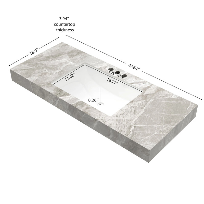 48" MURI Light Gray Sintered Stone Countertop and Undermount Ceramic Basin with Three Standard Pre-drilled Faucet Holes, NO Cabinet, NO Faucet and Sink Cover