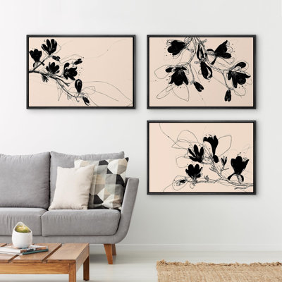 " Abstract Floral Sketch Black On Beige Botanical Line Drawings " 3 - Pieces