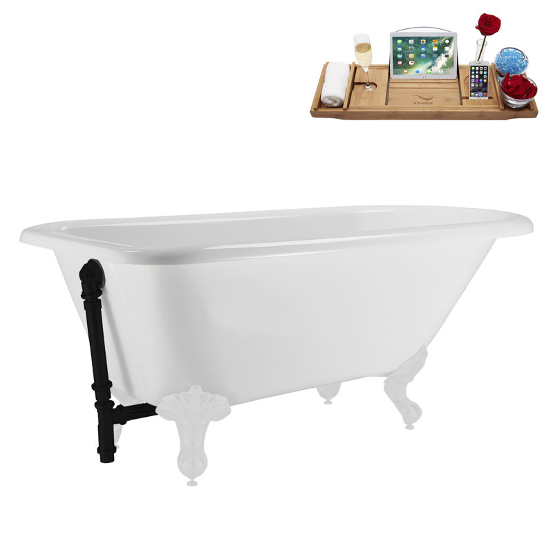62" Streamline Clawfoot Tub,Tray,Drain, Clawfeet, Glossy White, Matte Black