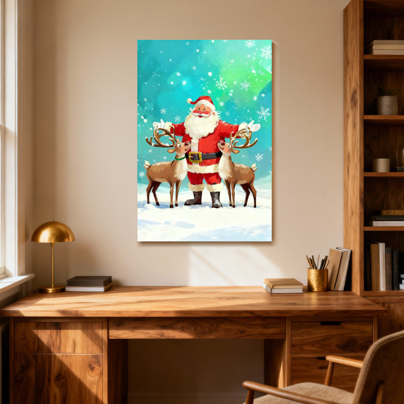 Noël père Noël avec des rennes dans la neige, H 18 po x l 12 po