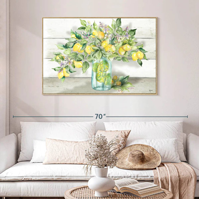 Aquarelle de citrons dans un pot Mason, Cadre flottant en bois naturel, 46 po x 31 po