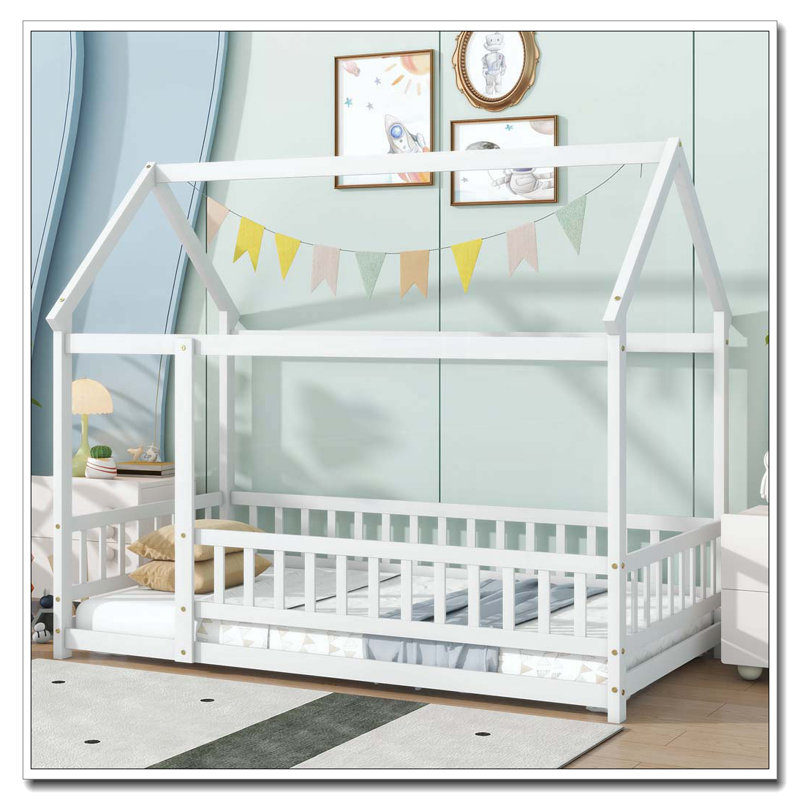 Twin Size House Floor Wooden Bed with Roof Frame,Safety Guardrails, Twin, White