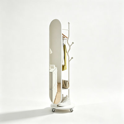 Simple Modern Carbon Steel Freestanding Mirror Coat Rack Dual Layer Storage Compartment