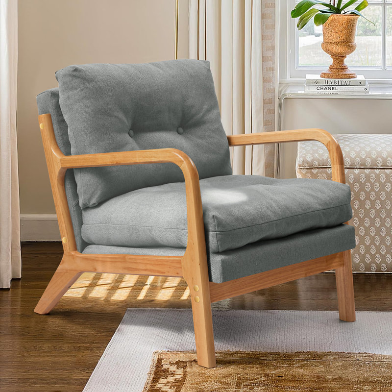 Cloud Comfort Cushion with Wooden Armrest Accent Chair, Gray 100% Linen