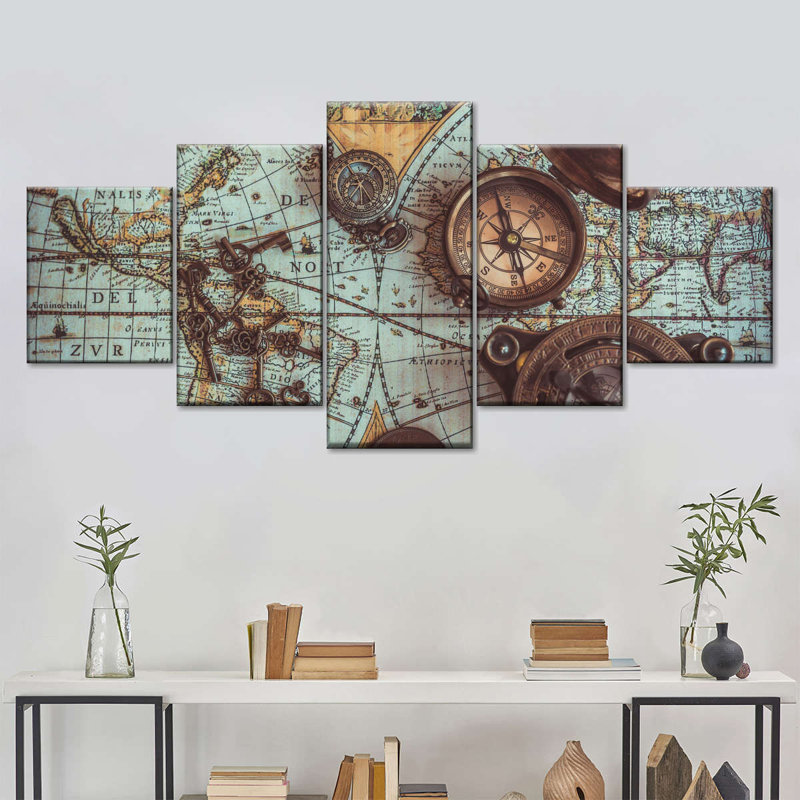 Ensemble de 5 pièces de carte de pirate antique sur toile, H 24 po x l 55 po x P 1,25 po
