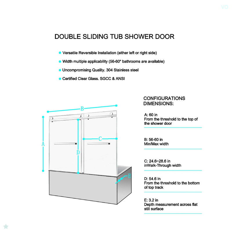 56-60"W X 60"H Frameless Double Sliding Tub Shower Door, 304 Stainless Steel In Matte Black, 5/16" (8Mm) Thick SGCC Tempered Clear Glass