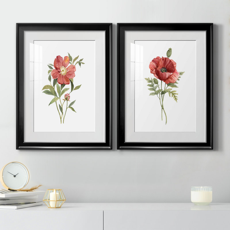 Pivoine écarlate - ensemble de 2 reproductions d'art, H 22,5 po x l 61 po x P 1,5 po, Papier encadré noir, Blanc
