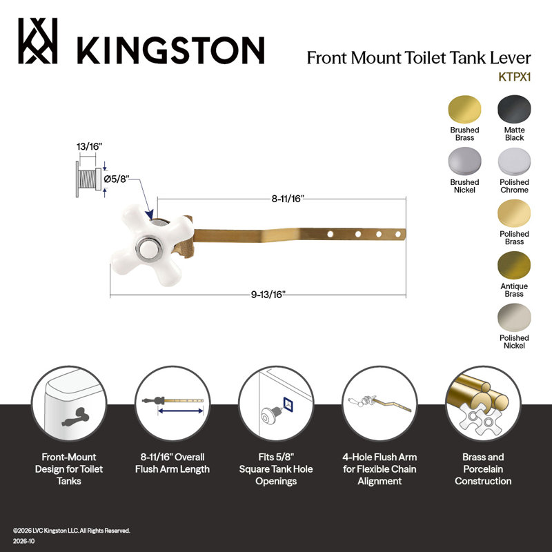 Levier de réservoir de toilette frontal en laiton Kingston, Polished Brass