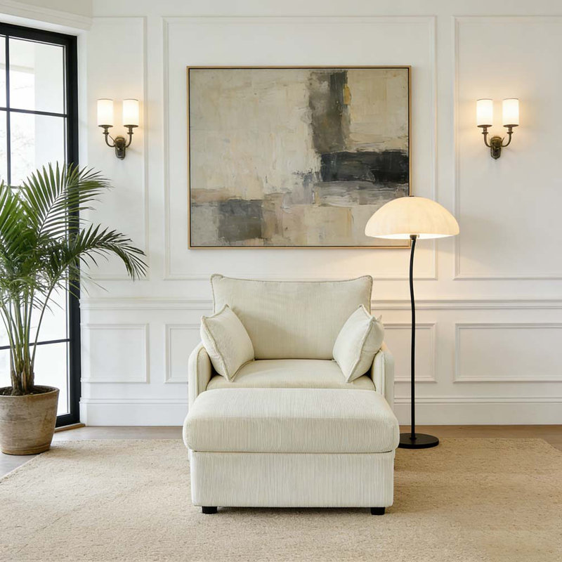 Méridienne surdimensionnée de 55 po pour l'intérieur avec repose-pieds et rangement, Beige