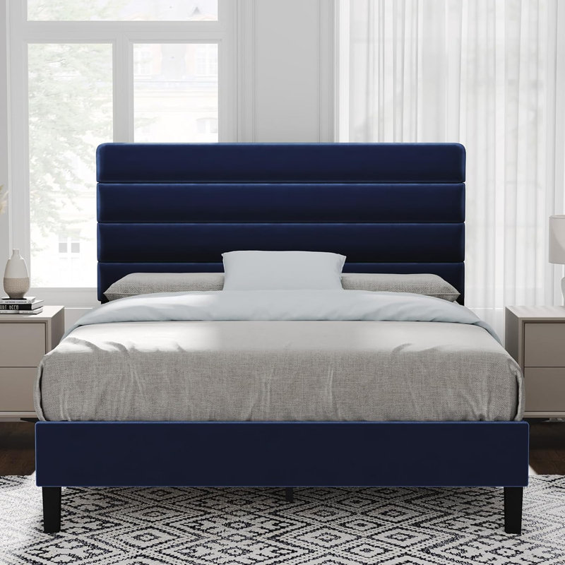 Cadre de lit avec tête de lit, cadre de lit plateforme avec tête de lit tapissier en velours, Double, Bleu