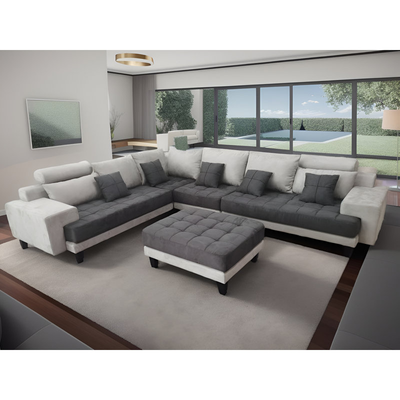 Ensemble de canapé modulaire rembourré en microfibre 5 pièces, Microfibre / microsuède gris clair / gris foncé