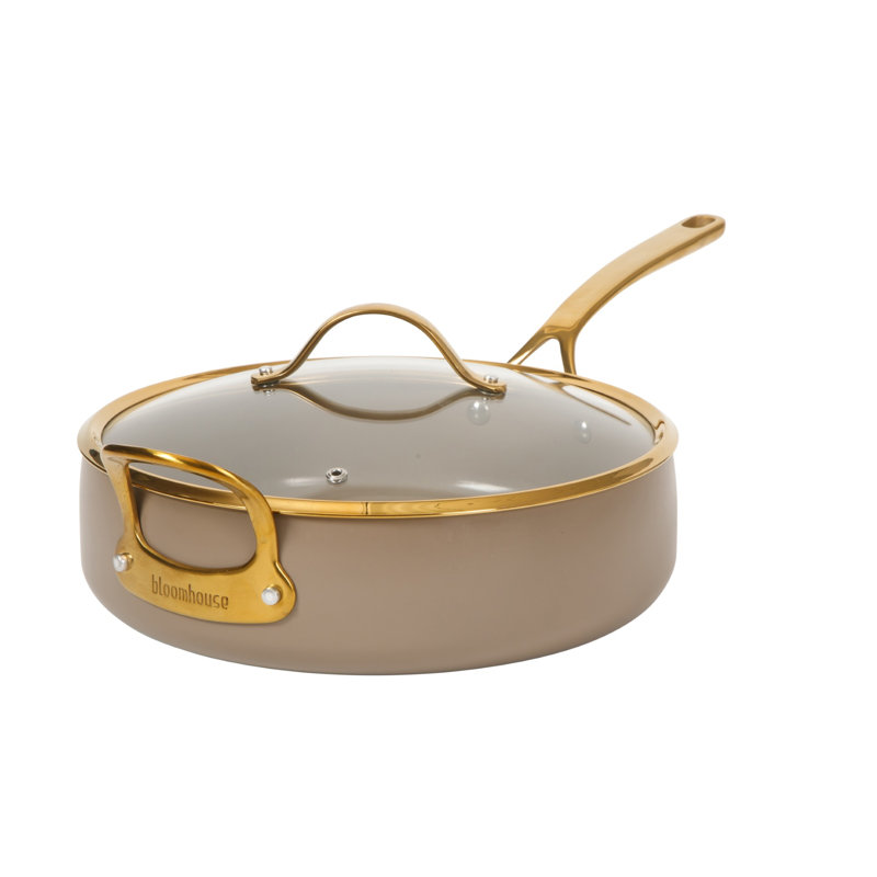 Bloomhouse  6 QT Heavy Duty Aluminum Premium PFA Free Ceramic Nonstick Saute/Deep Frying Pan Skillet with Lid - Linen White with Gold Handle