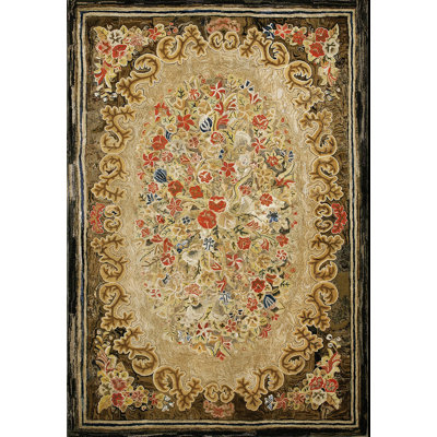 European Floral Pattern Antique Earthy American Hooked Rug
