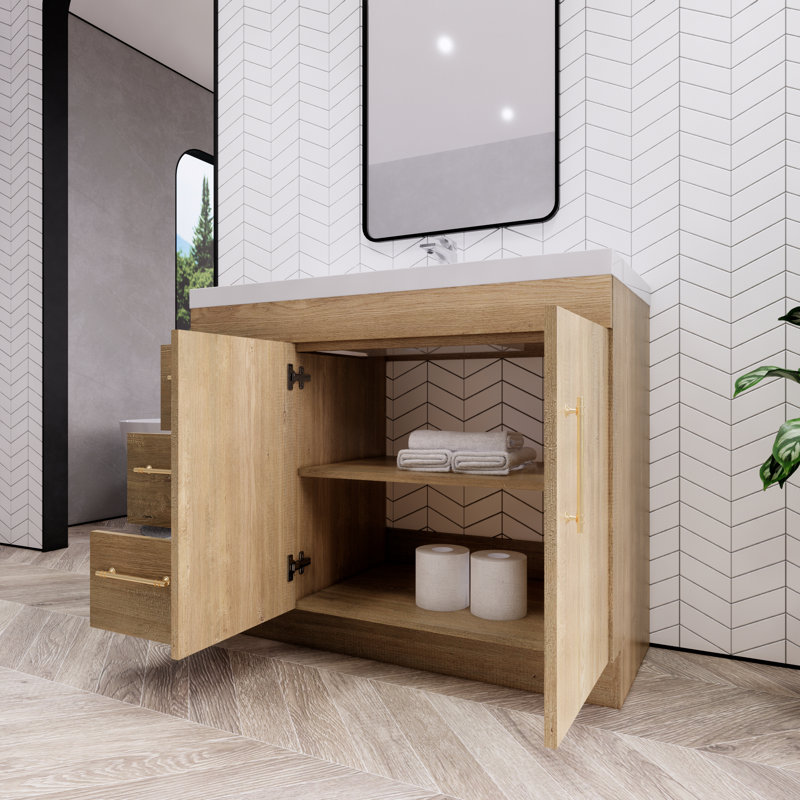 42'' Single Bathroom Vanity with Acrylic Top, Teak Oak