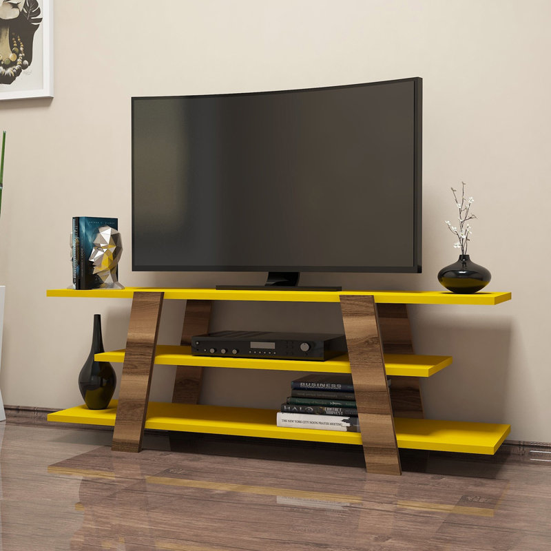 Modern TV Stand with Numerous Shelves, Walnut & Yellow Finish, 47.2 x 16.5 x 13.2 inches | 100% Melamine Coated Particle Board, Thickness: 0.7 inches | Wall-Mountable Design for Stylish Living Rooms & Entertainment Areas