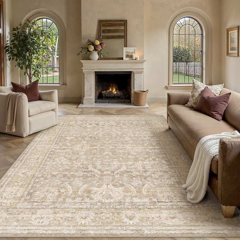 Quinn Vintage Washable Area Rug With Non-Slip Backing, Light Brown, Rectangle 9' x 12'
