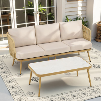 Outdoor Wicker Rattan Patio Furniture All-Weather 3-Seat Sofa With Coffee Table For Garden, Backyard, Porch