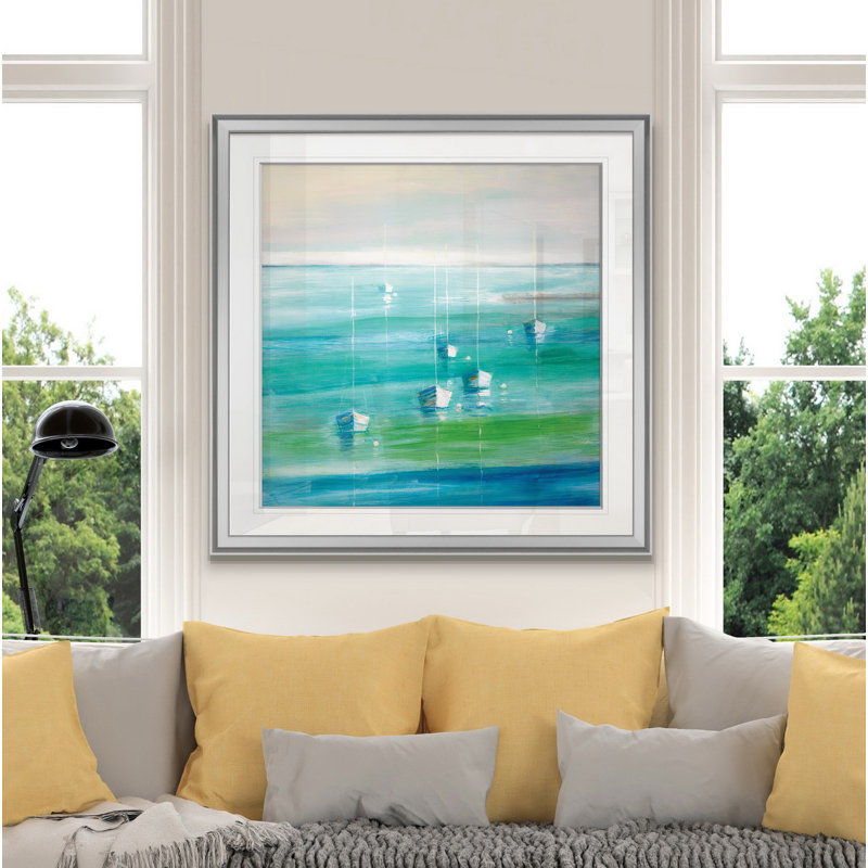 « marina del rey », peinture, H 16 po x l 16 po x P 1,5 po, Encadrement argenté