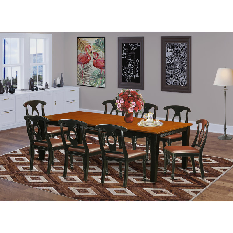 Ensemble de table de salle à manger 9 pièces comprenant une table de salle à manger rectangulaire avec feuille papillon et 8 chaises de salle à manger en similicuir, noir et cerise