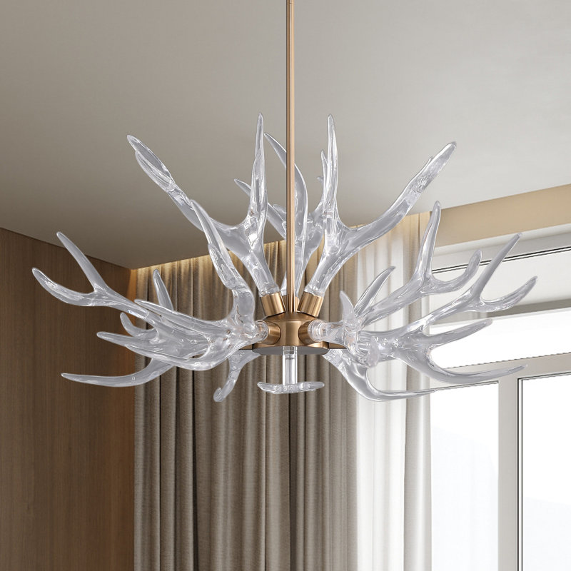 9-Light Antler Ceiling Chandelier in Gold Modern Unique Design Durable Metal Clear Acrylic Shades Integrated LED Multi Directional Lighting Hardwired for Living Dining Bedroom Warm White Dry Location