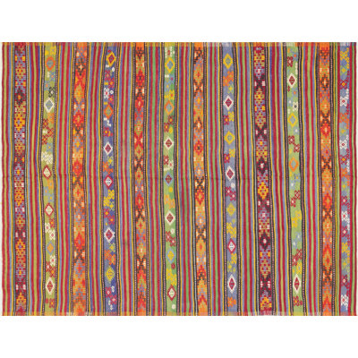 Tapis unique en laine noué à la main de style années 1960 de 6 pi 1 po x 7 pi 11 po rouge / vert / bleu