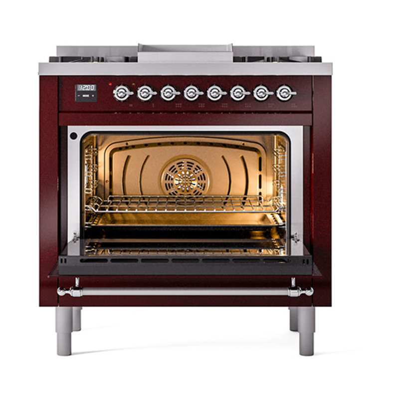 ILVE Nostalgie II Noblesse 36 in Dual Fuel Range, Burgundy/Chrome, Liquid Propane