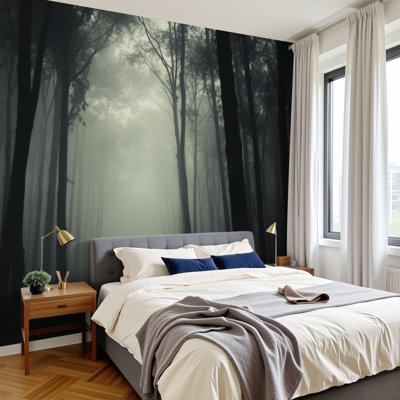Peel and Stick Wallpaper Misty Dark Forest Tall Trees Foggy Atmosphere Summer Decor Vintage Wall Murals 100"H x 144"W Removable PVC Wall Paper Self-Adhesive Wall Decor for Bedroom Living Room Home Office