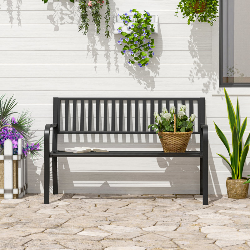Banc de jardin en métal noir de 127 cm (50 po), siège de patio avec assise à lattes pour cour arrière, piscine, pelouse. Stable et résistant aux intempéries, ergonomique, facile à nettoyer occasionnellement. Confortable.