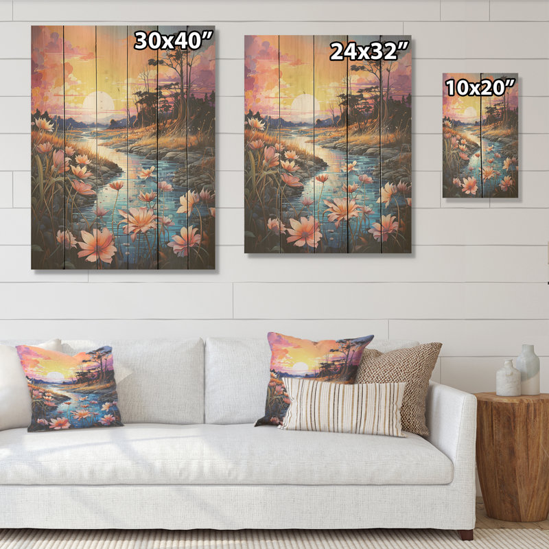 «River Country Charm On Sunset - Forest River», art mural sur bois de pin naturel, H 20 po x l 10 po
