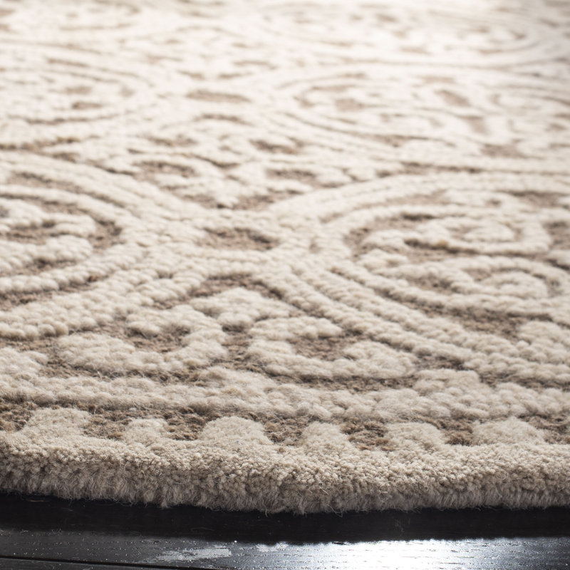 Tapis unique en laine touffeté fabriqué à la main à motif géométrique brun clair Sadik, Carré 10 pi