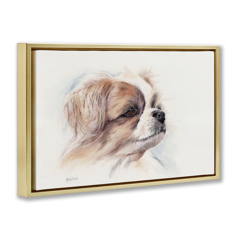 Cadre flottant expressif avec visage de chien, design par Cady, H 17 po x l 25 po, Cadre flottant métallique doré