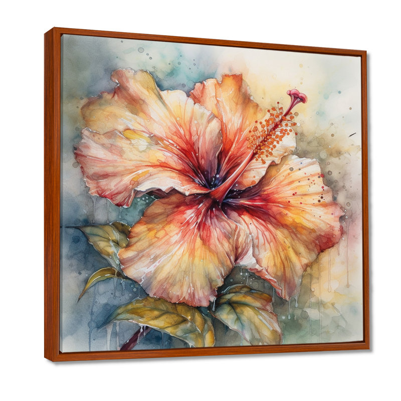 Hibiscus Euphoria II gris orange de Rrahim - art mural hibiscus, H 24 po x l 24 po, Cadre flottant brun