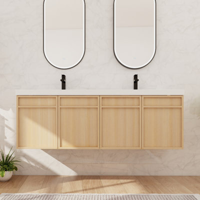 60" Floating Double Bathroom Vanity with Resin Basin Sink Top, Wall-Mounted Bathroom Vanity with 4 Doors