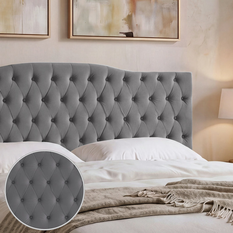 Aveigha Arched Upholstered Headboard, Gray Velvet, Queen
