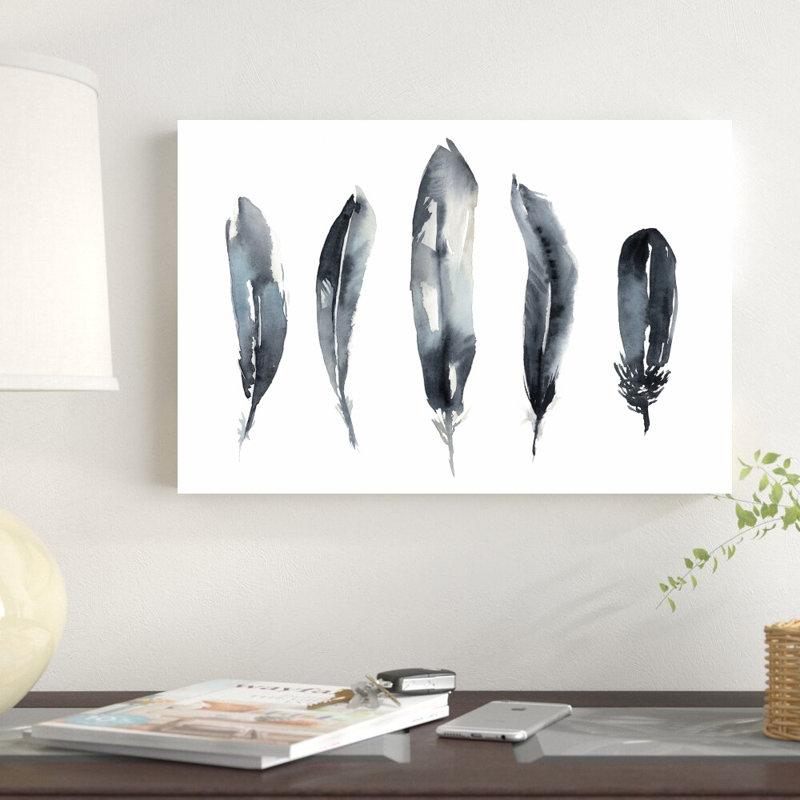 «Indigo Feathers II» par Jennifer Goldberger - peinture sur toile tendue, H 12 po x l 18 po
