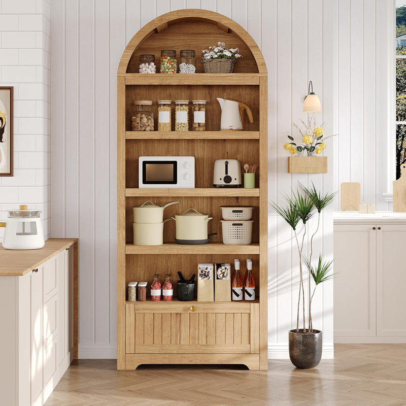 Garde-manger arqué en bois 71 po: rangement à 6 niveaux avec tiroir et tablettes réglables, Ivoire ivoire