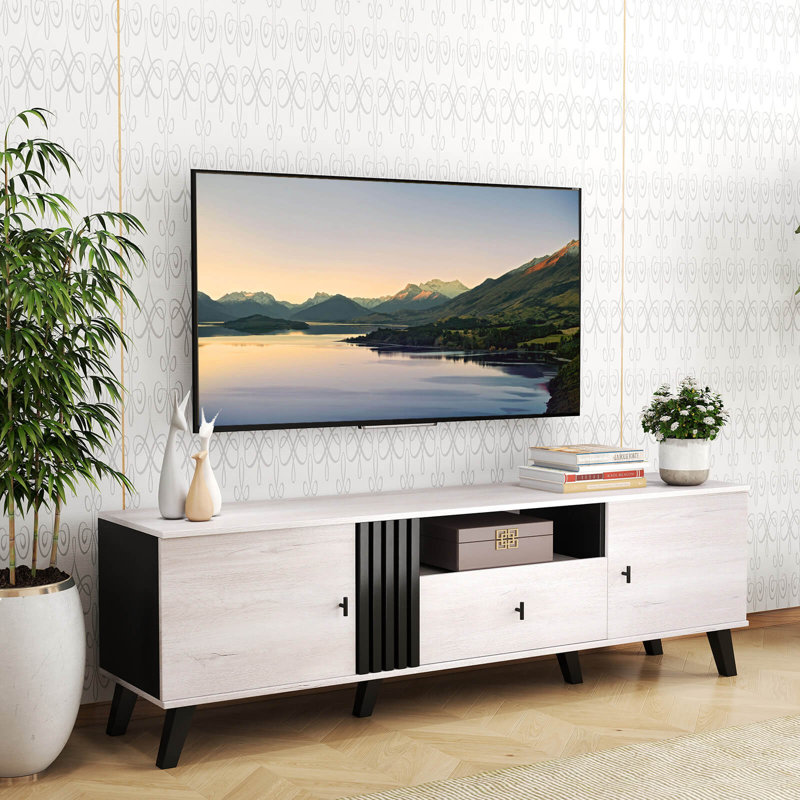 Mid Century Modern Tv Stand For 80" Tvs With Open Shelf 2 Side Cabinets