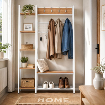 Portemanteau industriel avec banc à chaussures et portemanteau, organisateur d'entrée 4 en 1 avec 8 crochets, meubles de rangement autoportants pour vestibule, blanc mat + bois naturel