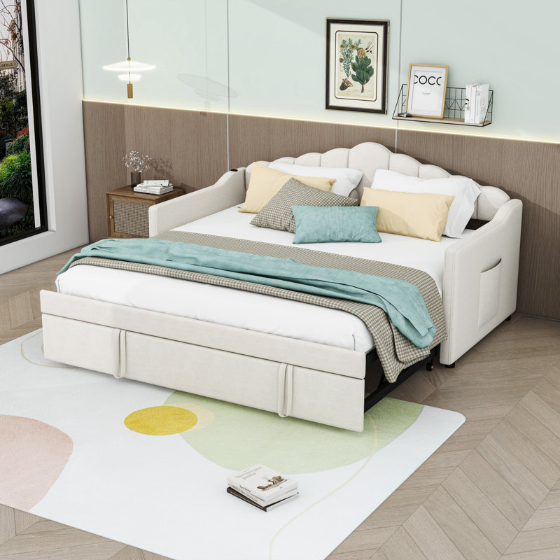 Lit de jour simple rembourré avec lit gigogne escamotable et station de charge USB et Type-C, Beige